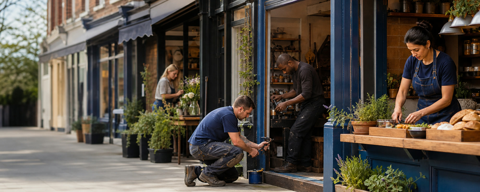 Several small-business owners working outside neighbouring high-street shops.