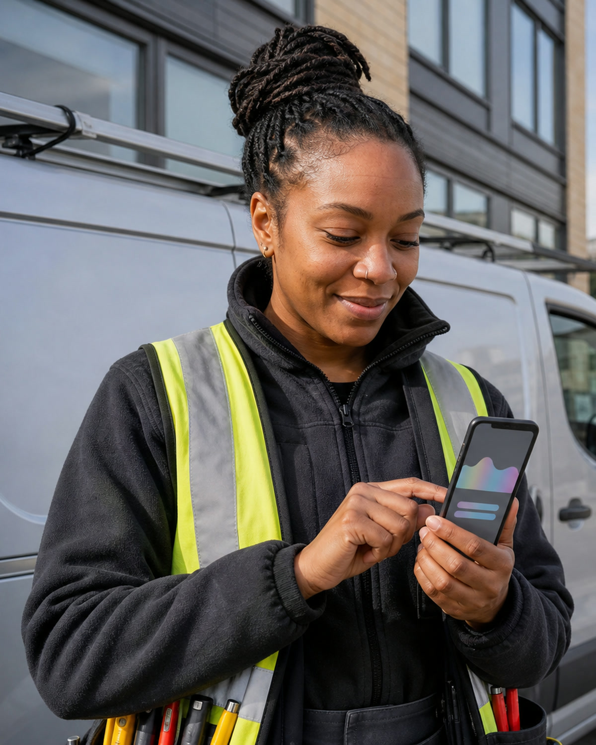 A commercial electrical contractor checking an AI search on her phone at a work site.