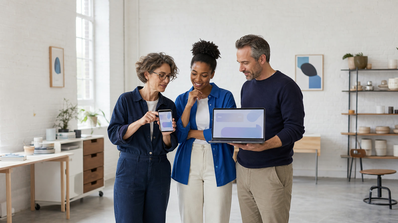 A small-business team reviewing AI search information on a laptop and phone.