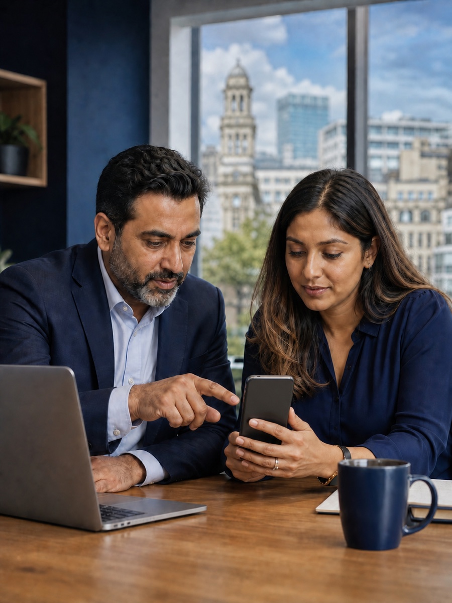 An accountant and client reviewing business information on a phone and laptop.