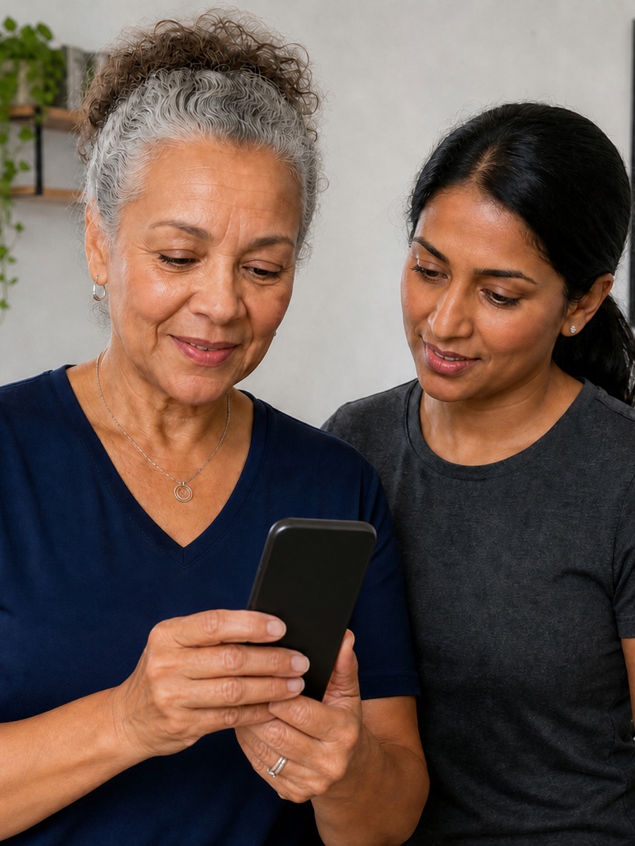 A physiotherapy clinic owner and colleague reviewing an AI search on a phone.