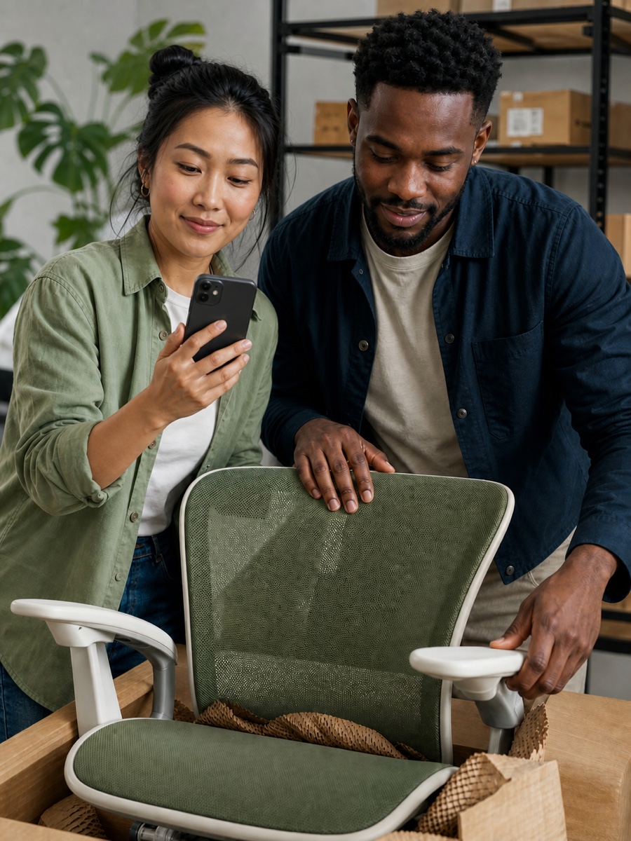 An e-commerce founder reviewing an AI product search beside a sustainable office chair.