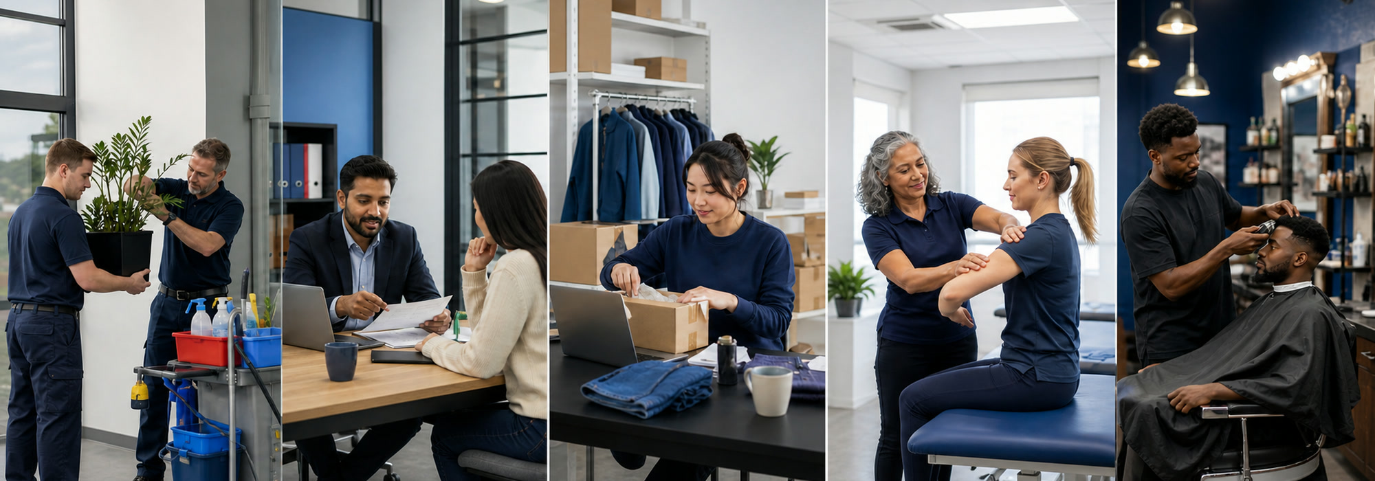 Five UK small-business teams working in different settings.